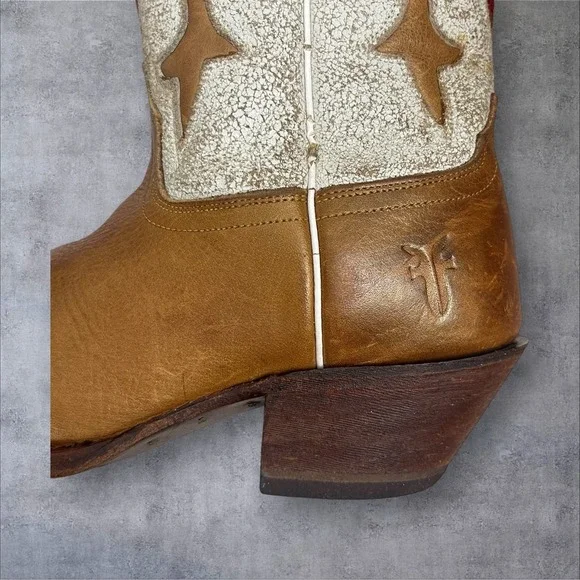 Frye Lilly Short Tan Leather Western Boots Womens 6B Inlay Detail Boho Festival - Picture 10 of 12